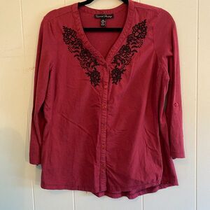French Laundry Boho Embroider 100% Cotton V-Neck Button Down Womens Top Size L